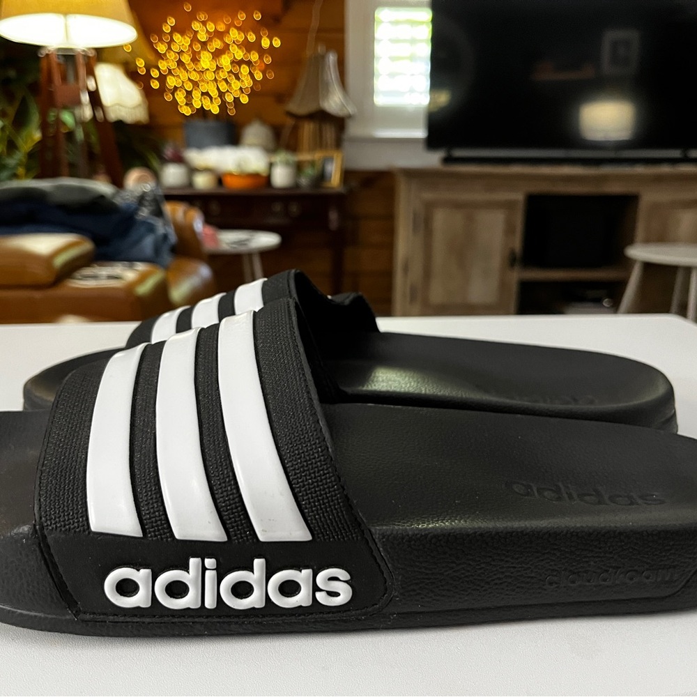 Men’s size 12 adidas Black and White Slide Sandals with Signature Stripes